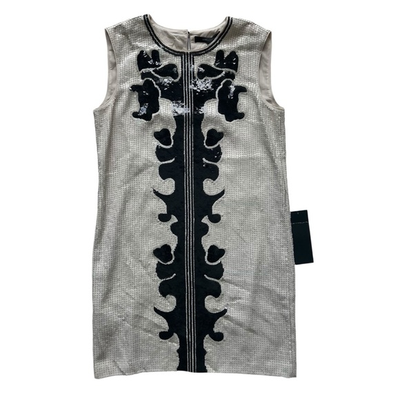 NWT BCBGMaxAzria Geri Cream Black Sequin Mini Shift Dress Size Small - Picture 3 of 11